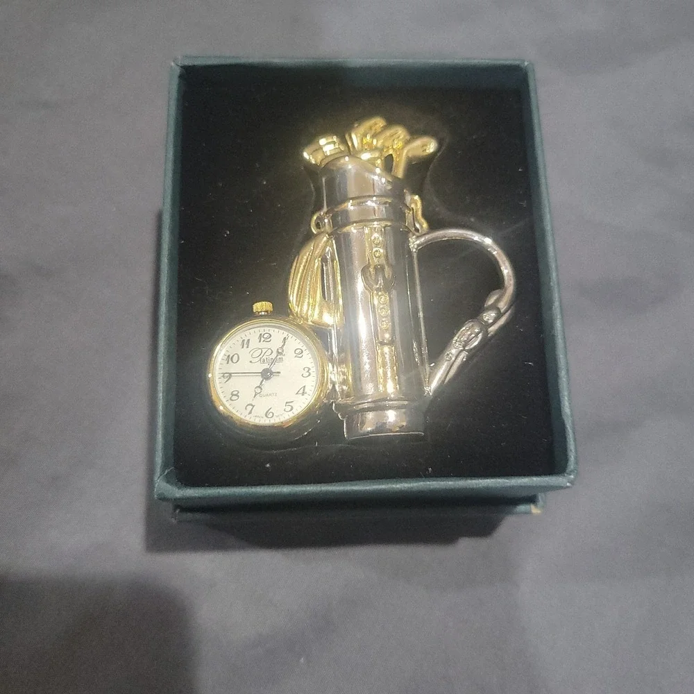 PLATINUM Miniature Desk Clock Golf Club, Bag & Ball Two Tone